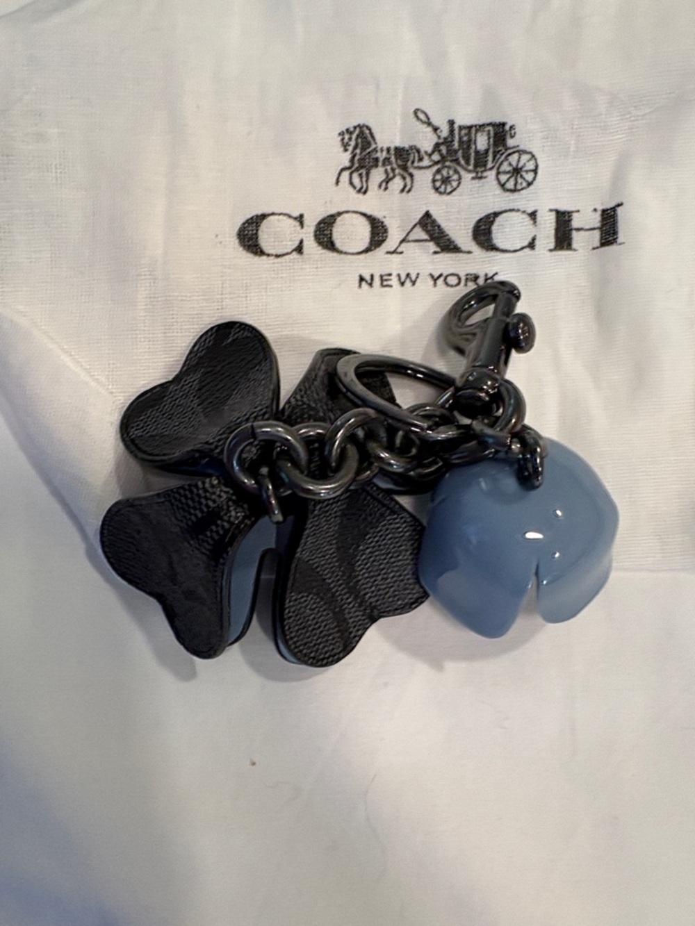 NWOT Coach Black & Light Blue Tea Rose Floral Keyring Bag Charm - Picture 5 of 7